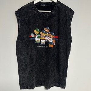 Black Sleeveless Top with Bear Print ACID WASH